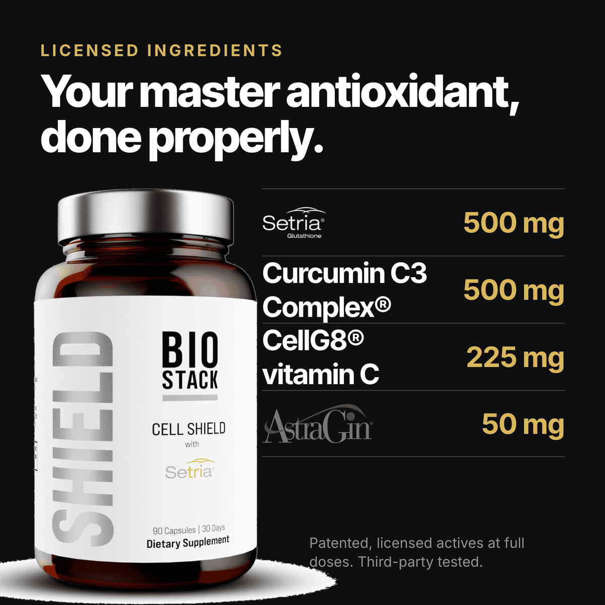 Licensed ingredients at full doses: Setria glutathione 500 mg, Curcumin C3 Complex 500 mg, CellG8 vitamin C 225 mg, AstraGin 50 mg. Third-party tested.