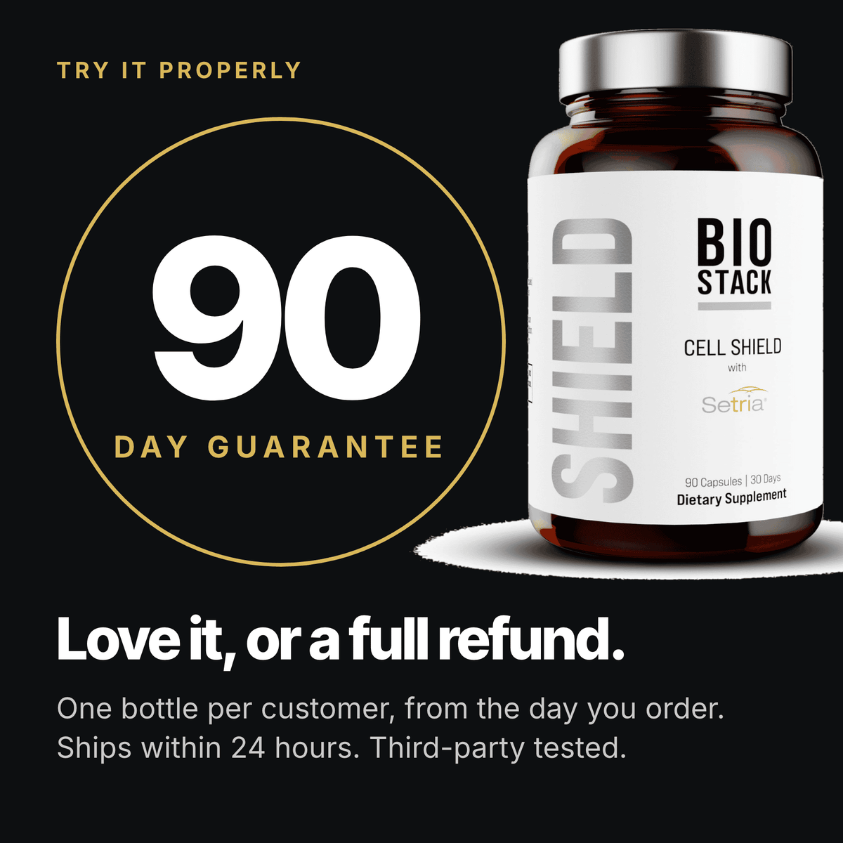 90-day guarantee: love it or a full refund, one bottle per customer, from the day you order. Ships within 24 hours. Third-party tested.