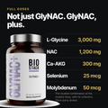 Full doses: L-glycine 3,000 mg, NAC 1,200 mg, Ca-AKG 300 mg, selenium 25 mcg, molybdenum 50 mcg. The studied combination at the studied dose, with its cofactors. Third-party tested.